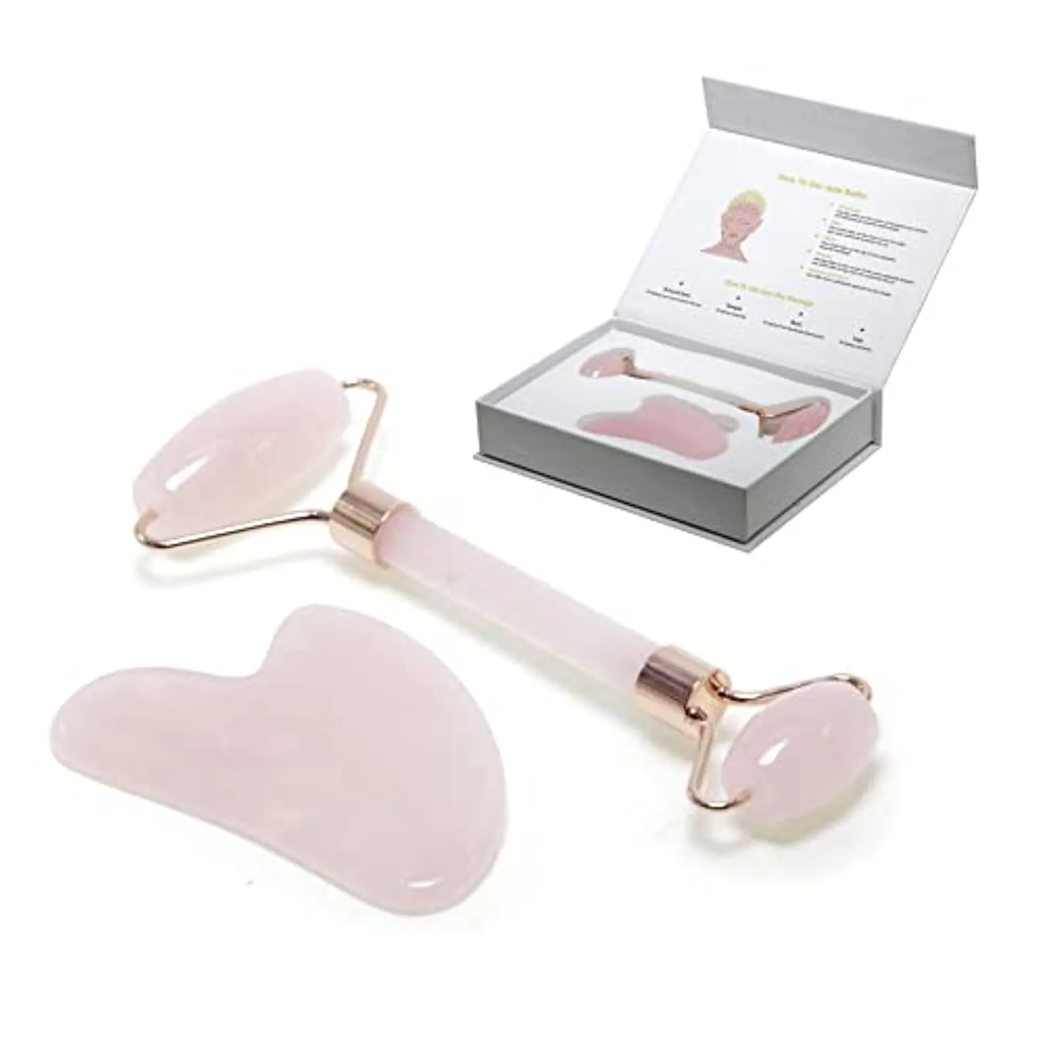 100% Rose Quartz Ornament Pink Jade Roller Massage suits, Anti-Aging Beauty Tools for Slimming，Gua Sha Set for Face, Eyes, Neck ,Body Skin Care - Face Roller For Women Gift(10PCS) (pink)