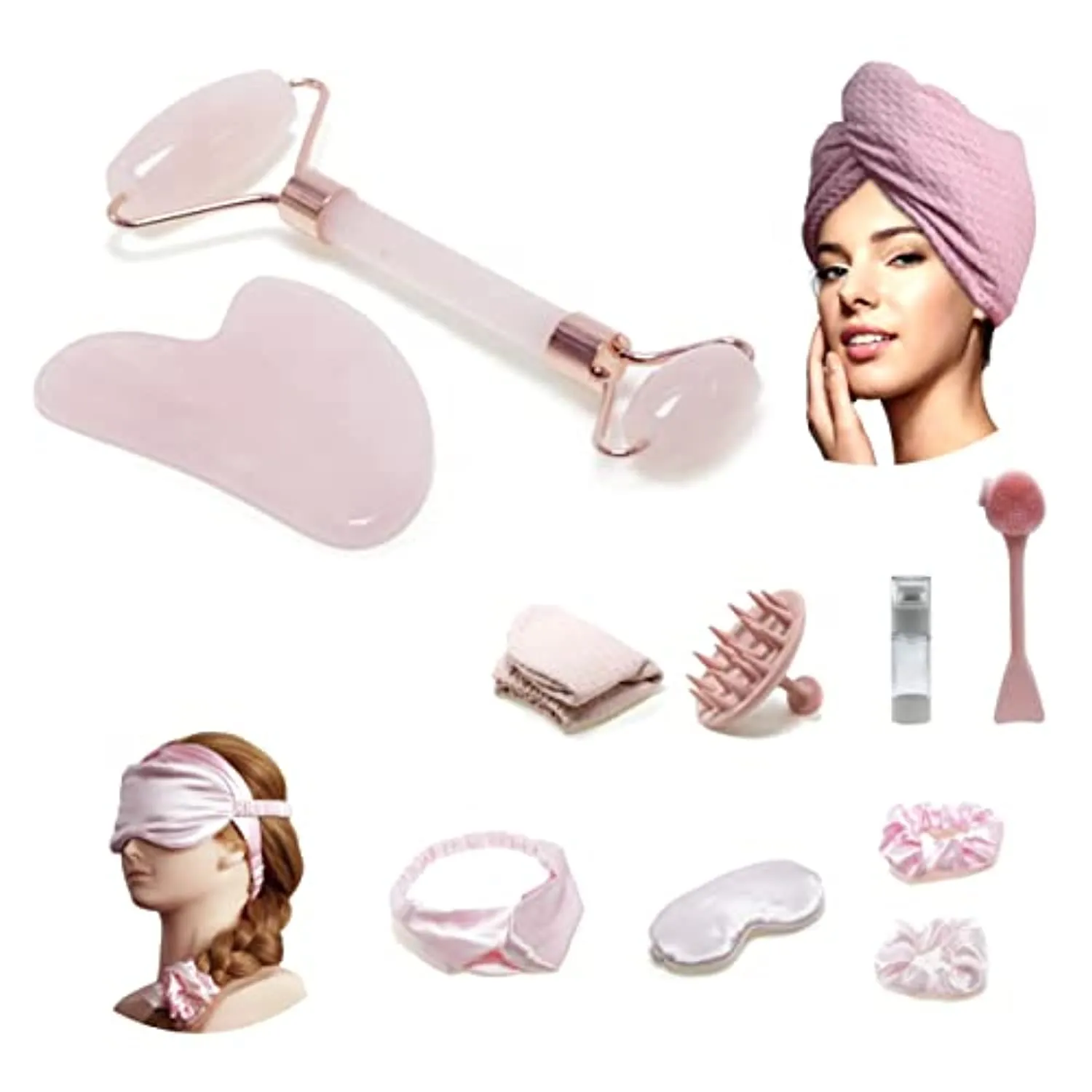 100% Rose Quartz Ornament Pink Jade Roller Massage suits, Anti-Aging Beauty Tools for Slimming，Gua Sha Set for Face, Eyes, Neck ,Body Skin Care - Face Roller For Women Gift(10PCS) (pink)