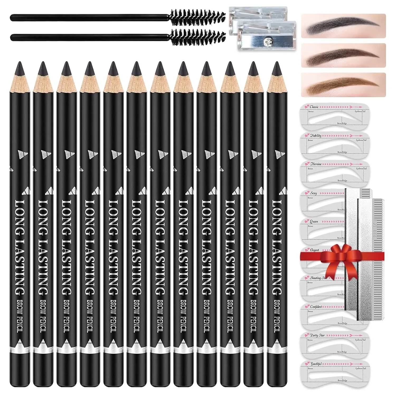 12 PCS Eye-Brow Pencil Set, Waterproof Eyebrow Pencil Microblading Eyebrow Pen Supplies Kit, Eyebrow Tattoo Makeup with 2 Sharpener, 10 Brow Stencils and Eyebrows Essential Tools (Black)