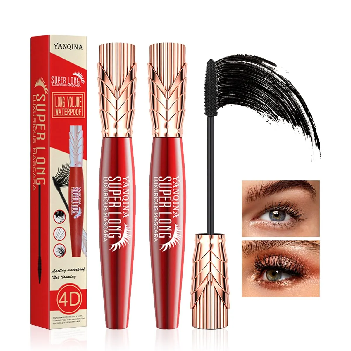 2Pcs Super Long Mascaras,4D Waterproof & Smudge Proof Mascara Liquid Lash Extensions Stereo Lengthening Mascara For Women,Quick-Not Sticky Long Lasting No Clumping