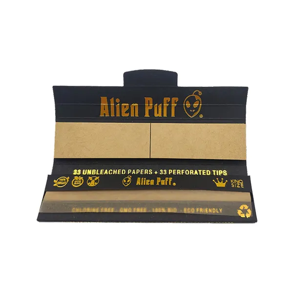 33 Alien Puff Black & Gold King Size Unbleached Brown Rolling Papers   Tips ( HP103 )