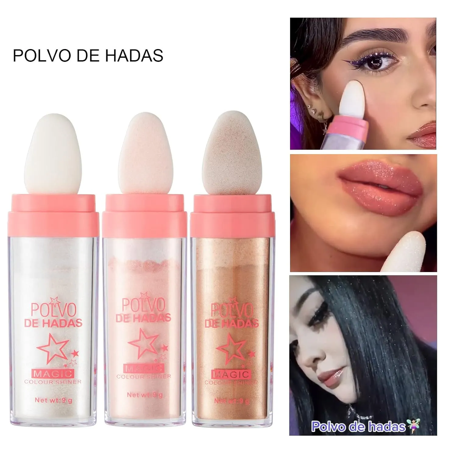 3Pcs Polvo De Hadas Puff Fairy Powder 3D High-Gloss Powder Glitter Loose Powder Face Blusher Shimming Powder for Eyes, Face, Body Makeup