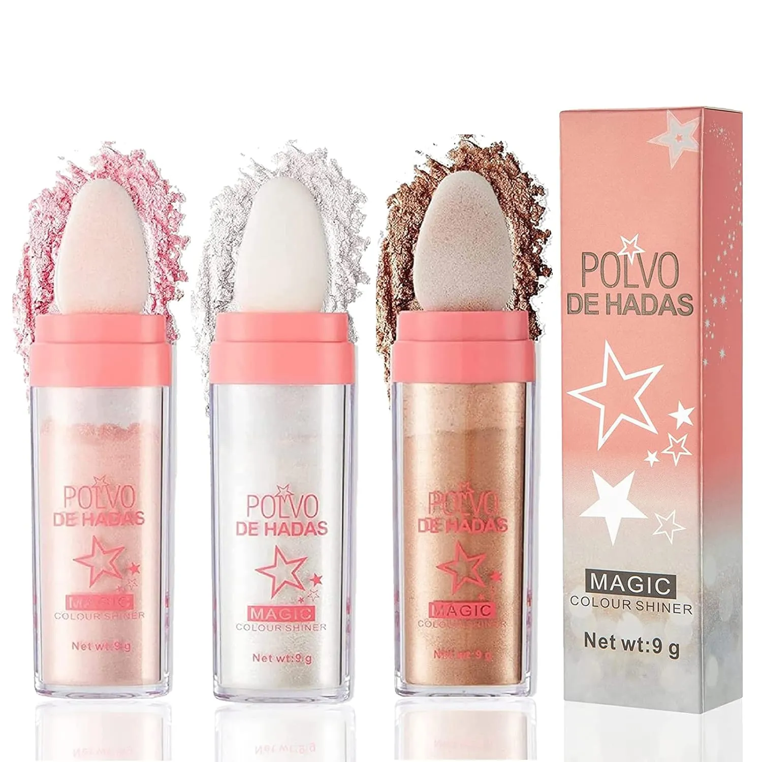 3Pcs Polvo De Hadas Puff Fairy Powder 3D High-Gloss Powder Glitter Loose Powder Face Blusher Shimming Powder for Eyes, Face, Body Makeup