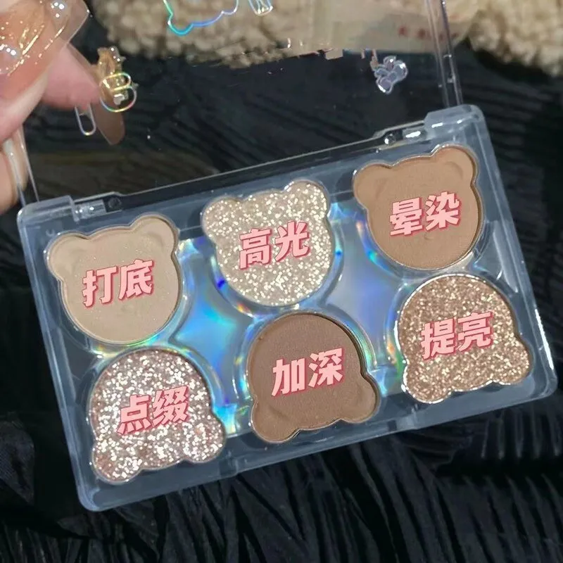 6 Colors Matte Shimmer Eyeshadow Palette  Shiny Eye Cosmetic Waterproof Highlighter Cute Bear Diamond Eye Shadow Makeup