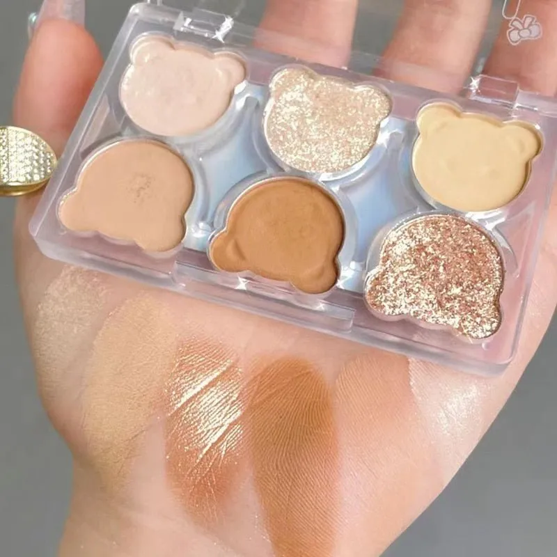 6 Colors Matte Shimmer Eyeshadow Palette  Shiny Eye Cosmetic Waterproof Highlighter Cute Bear Diamond Eye Shadow Makeup