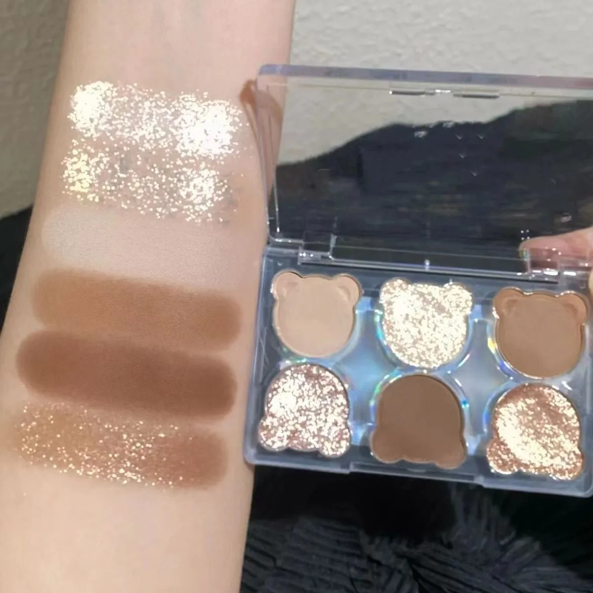 6 Colors Matte Shimmer Eyeshadow Palette  Shiny Eye Cosmetic Waterproof Highlighter Cute Bear Diamond Eye Shadow Makeup
