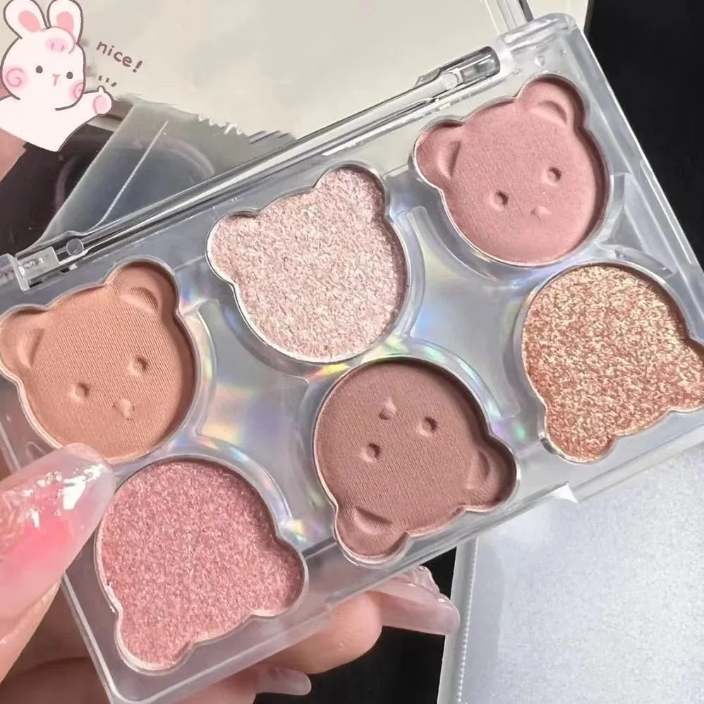 6 Colors Matte Shimmer Eyeshadow Palette  Shiny Eye Cosmetic Waterproof Highlighter Cute Bear Diamond Eye Shadow Makeup