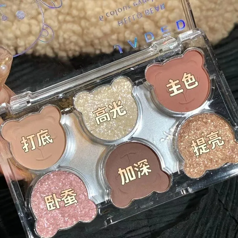 6 Colors Matte Shimmer Eyeshadow Palette  Shiny Eye Cosmetic Waterproof Highlighter Cute Bear Diamond Eye Shadow Makeup