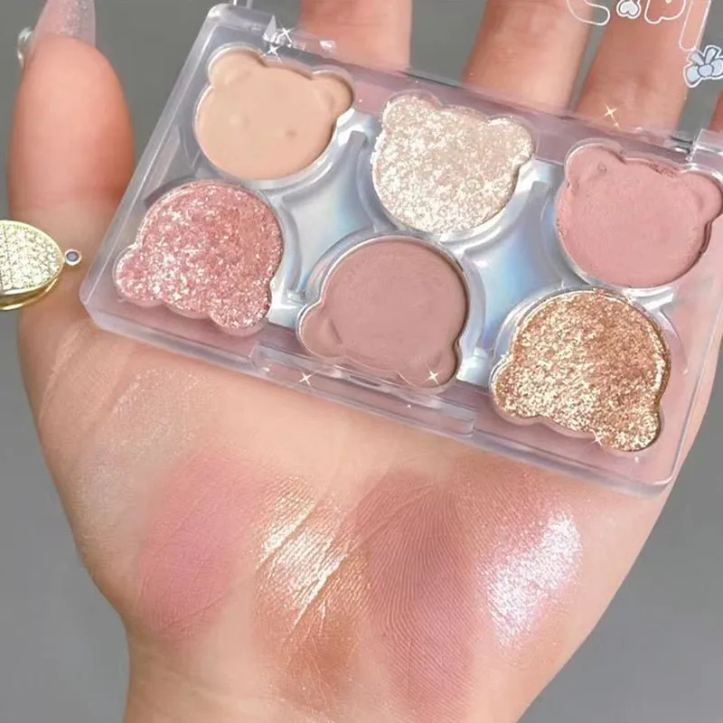 6 Colors Matte Shimmer Eyeshadow Palette  Shiny Eye Cosmetic Waterproof Highlighter Cute Bear Diamond Eye Shadow Makeup