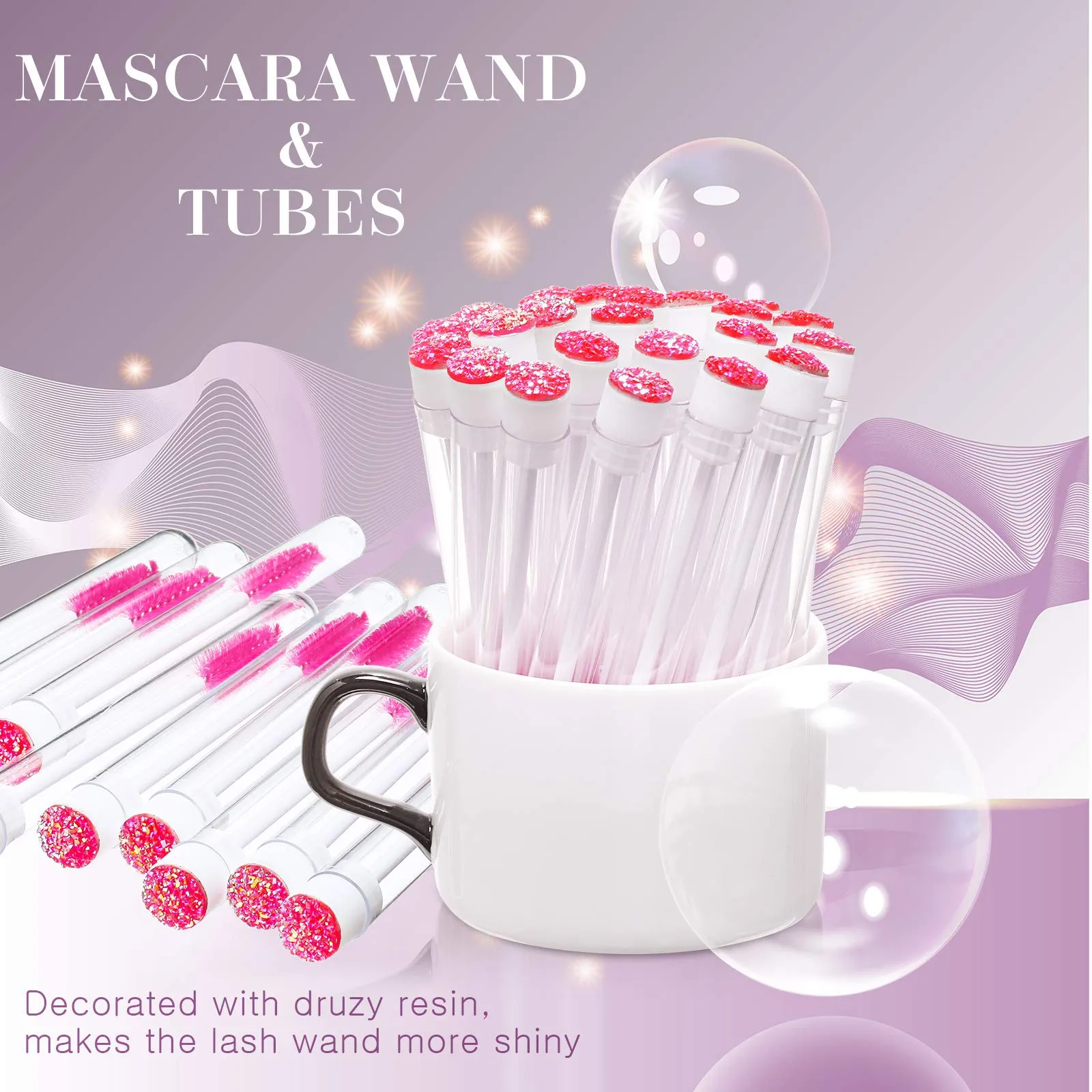 60 Pieces Mascara Wand Tube Set 30 Diamond Empty Eyelash Brush Tubes Spoolies 30 Mascara Wand Lash Extension Brushes Applicators Makeup Tools (110 mm, Pink) 110 mm