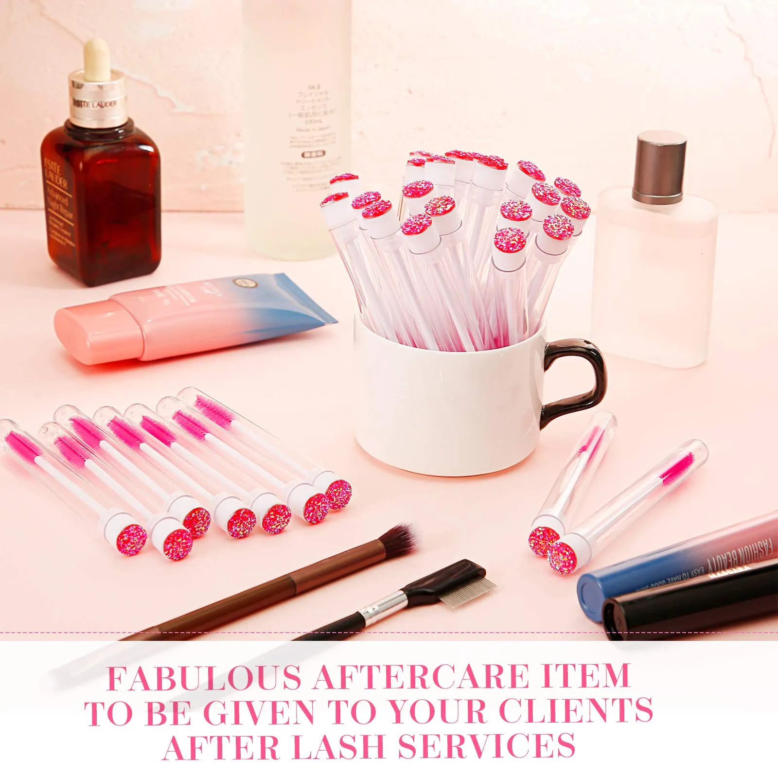 60 Pieces Mascara Wand Tube Set 30 Diamond Empty Eyelash Brush Tubes Spoolies 30 Mascara Wand Lash Extension Brushes Applicators Makeup Tools (110 mm, Pink) 110 mm