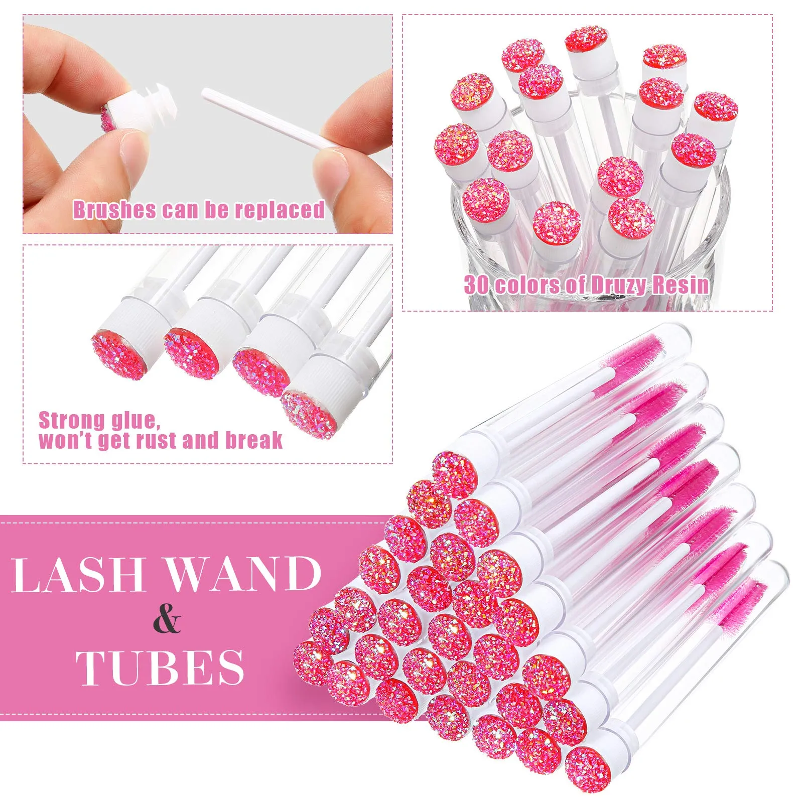 60 Pieces Mascara Wand Tube Set 30 Diamond Empty Eyelash Brush Tubes Spoolies 30 Mascara Wand Lash Extension Brushes Applicators Makeup Tools (110 mm, Pink) 110 mm