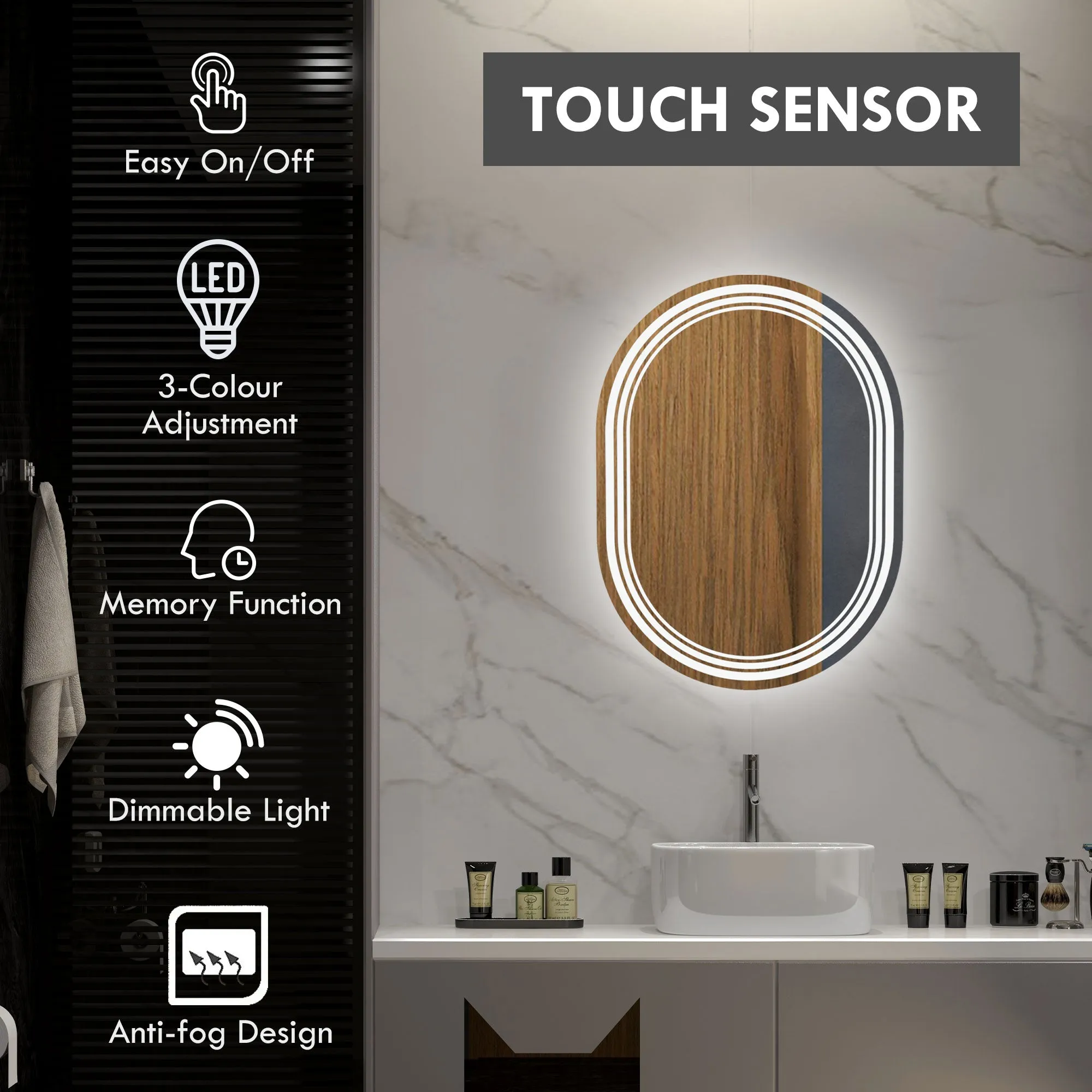 700 x 500mm Bathroom Mirror with LED Lights Makeup Mirror with Anti-fog Touch Switch Vertical or Horizontal