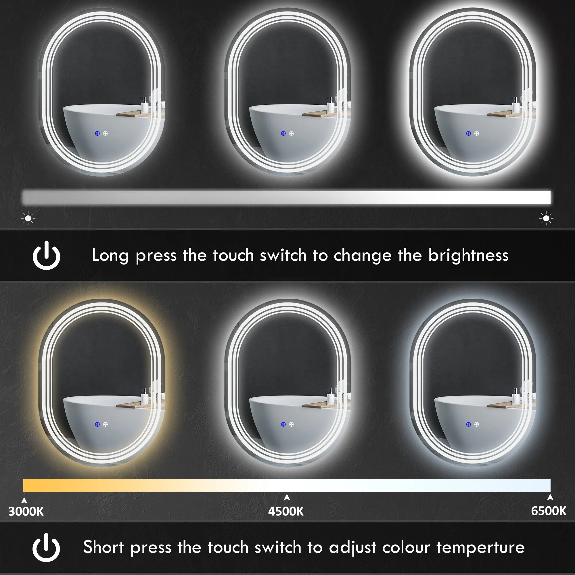700 x 500mm Bathroom Mirror with LED Lights Makeup Mirror with Anti-fog Touch Switch Vertical or Horizontal