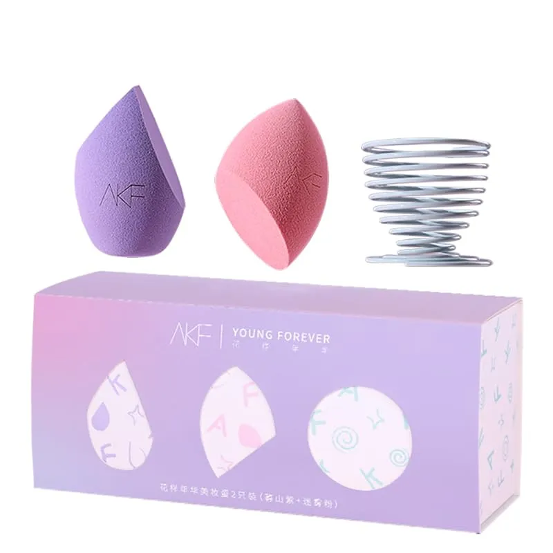 AKF Beauty Egg Makeup Powder Puff Soft Sponge Ball Purple Mist Two makeup sponges and a sponge storage rack