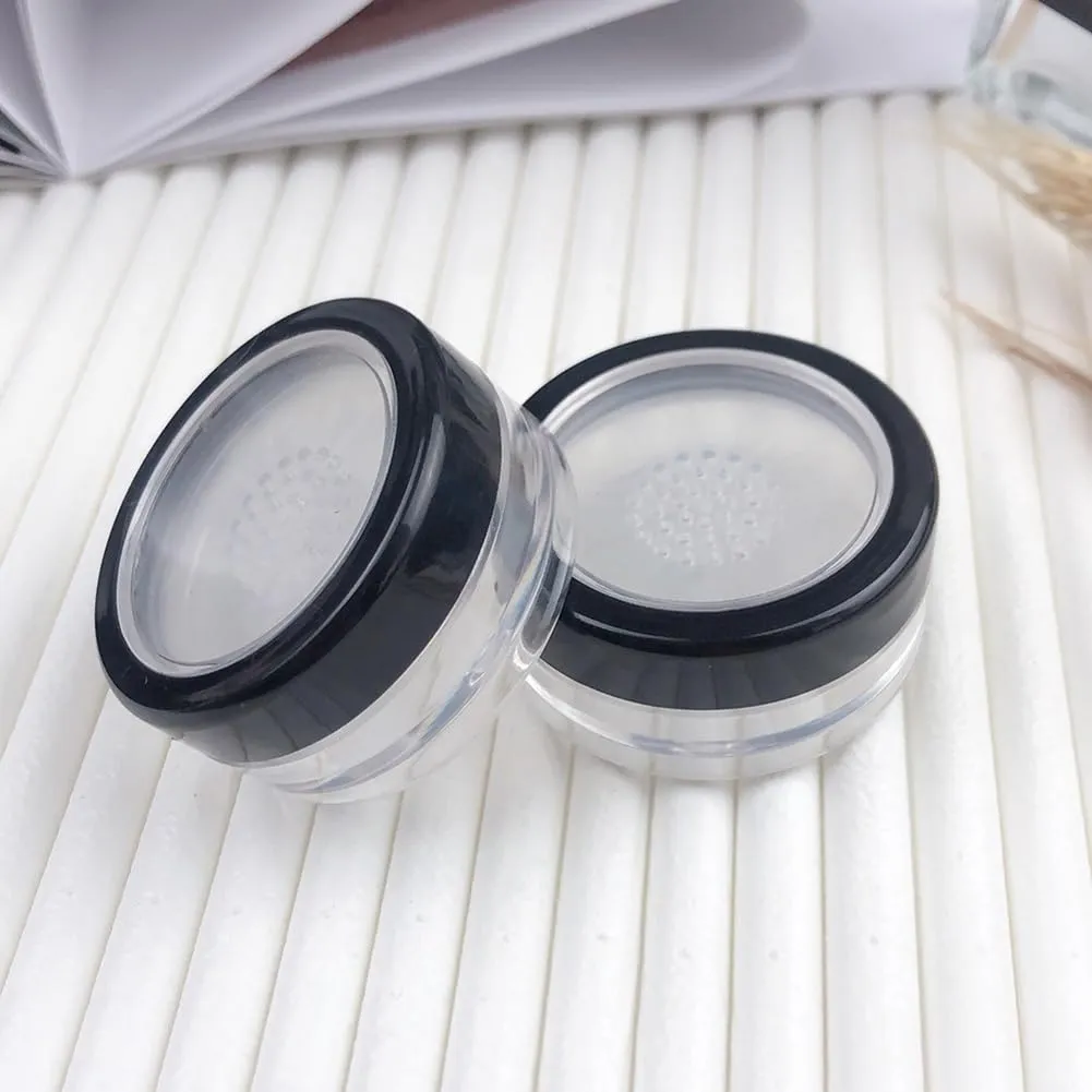 AKOAK 2 Pcs Capacity 10ml / 0.33oz Empty Plastic Clear Makeup Jar, Reusable Loose Powder Cartridge, DIY Makeup Cartridge, Blush Foundation with Sieve and Black Rimmed Lid Container Jar
