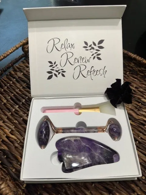 Amethyst Gua Sha Roller and Face Mask Brush Kit
