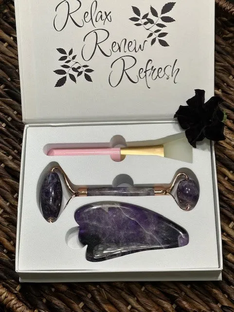 Amethyst Gua Sha Roller and Face Mask Brush Kit