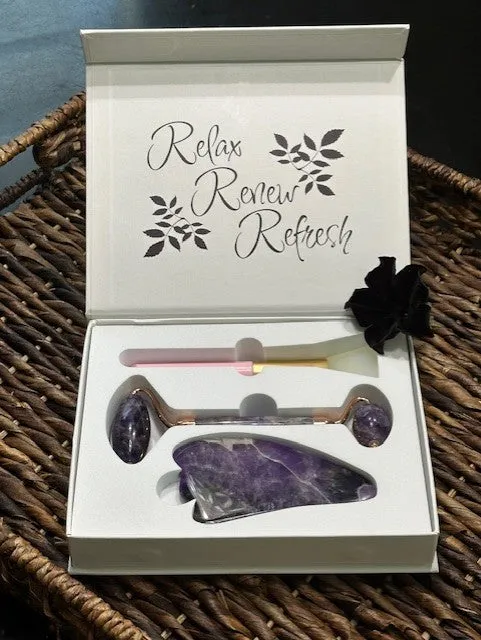 Amethyst Gua Sha Roller and Face Mask Brush Kit