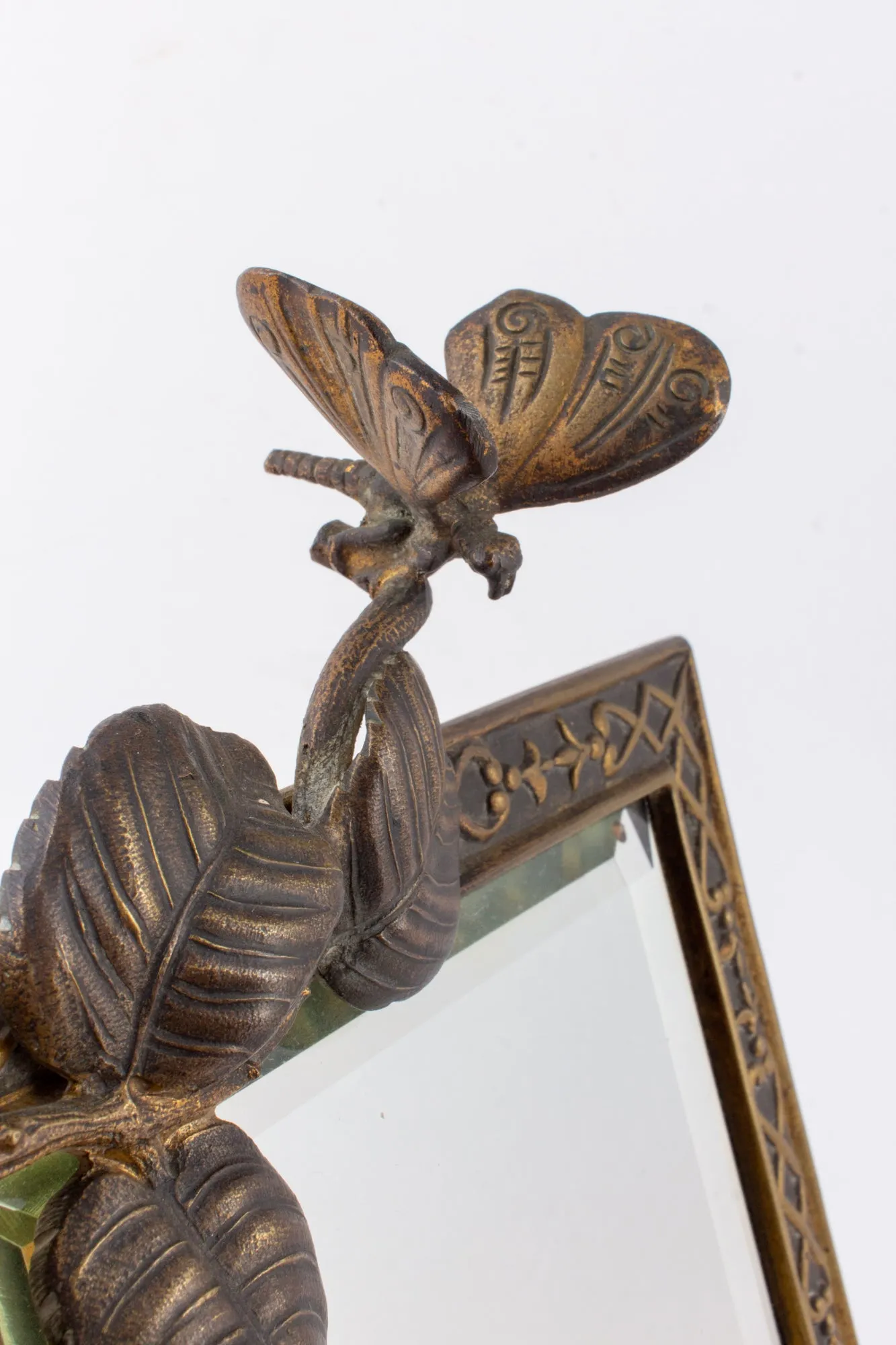 Antique French Art Nouveau Beveled Mirror with Dragonfly Detail