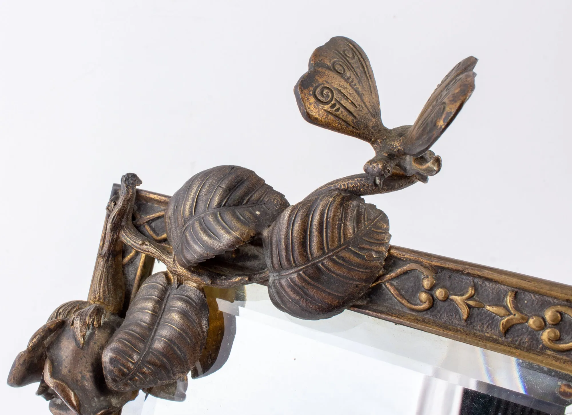 Antique French Art Nouveau Beveled Mirror with Dragonfly Detail