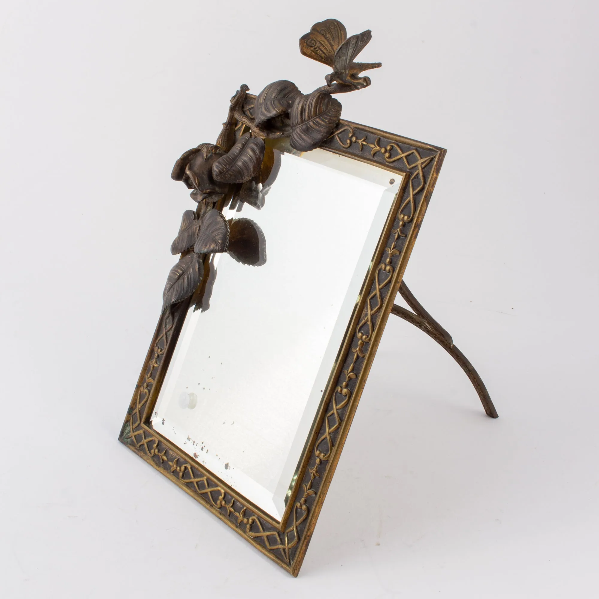 Antique French Art Nouveau Beveled Mirror with Dragonfly Detail