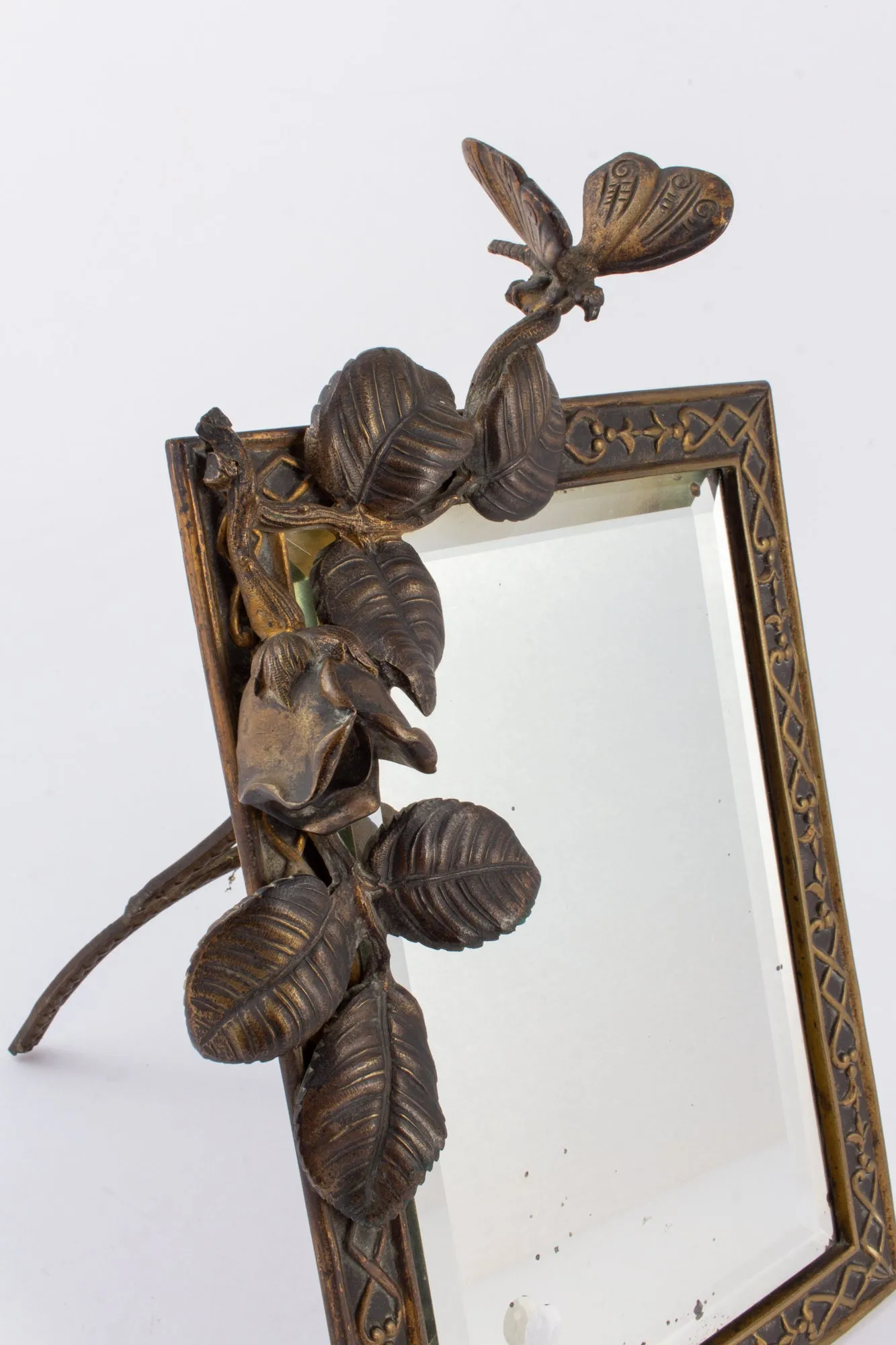 Antique French Art Nouveau Beveled Mirror with Dragonfly Detail