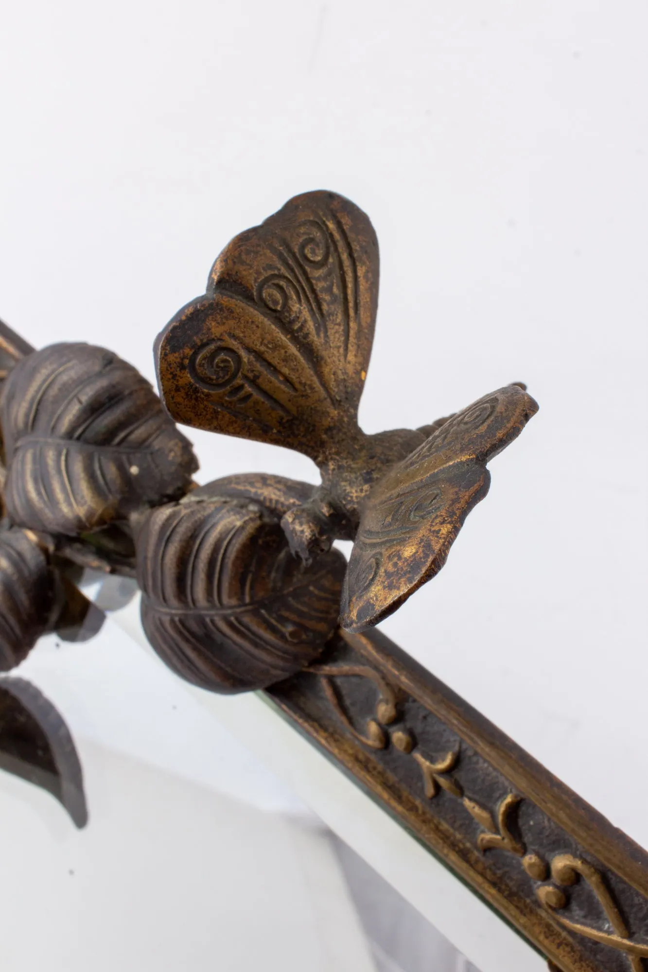 Antique French Art Nouveau Beveled Mirror with Dragonfly Detail