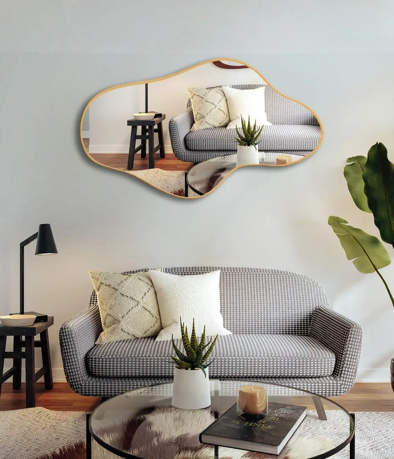 Asymmetrical Irregular Bathroom Decor Mirror with Golden Wooden Finish
