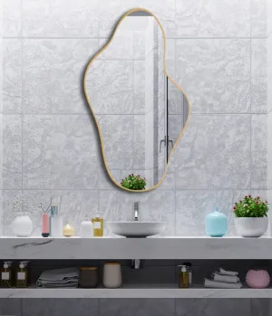 Asymmetrical Irregular Bathroom Decor Mirror with Golden Wooden Finish