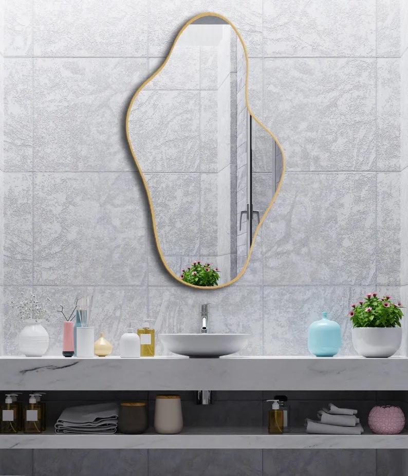 Asymmetrical Irregular Bathroom Decor Mirror with Golden Wooden Finish