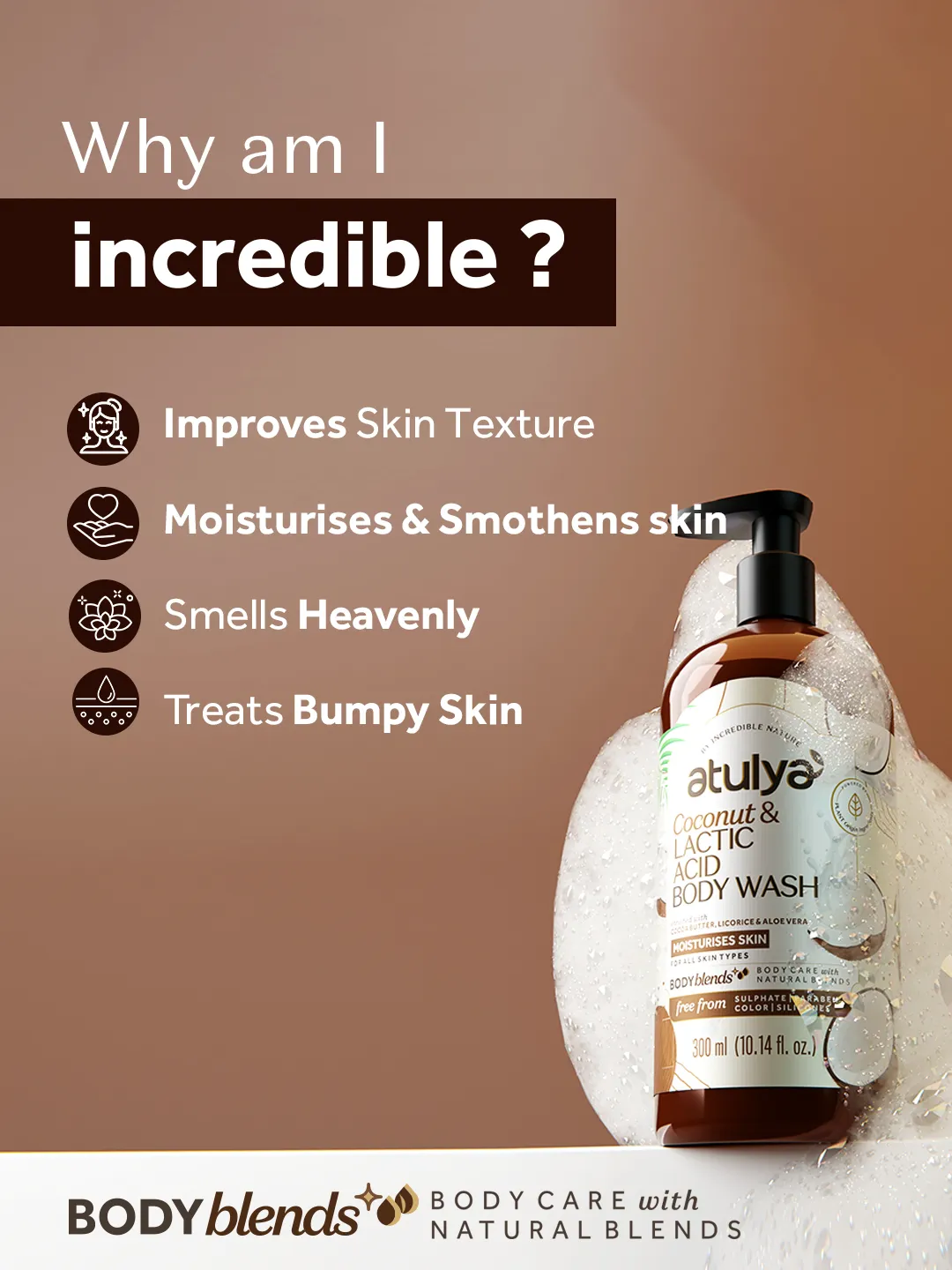 Atulya Coconut & Lactic Acid Body Wash | Paraben & SLS Free | Suitable for All Skin Types | 300 ML (Add 4 Products in the Cart & Get 2 Free Product Use Code: B2G2)