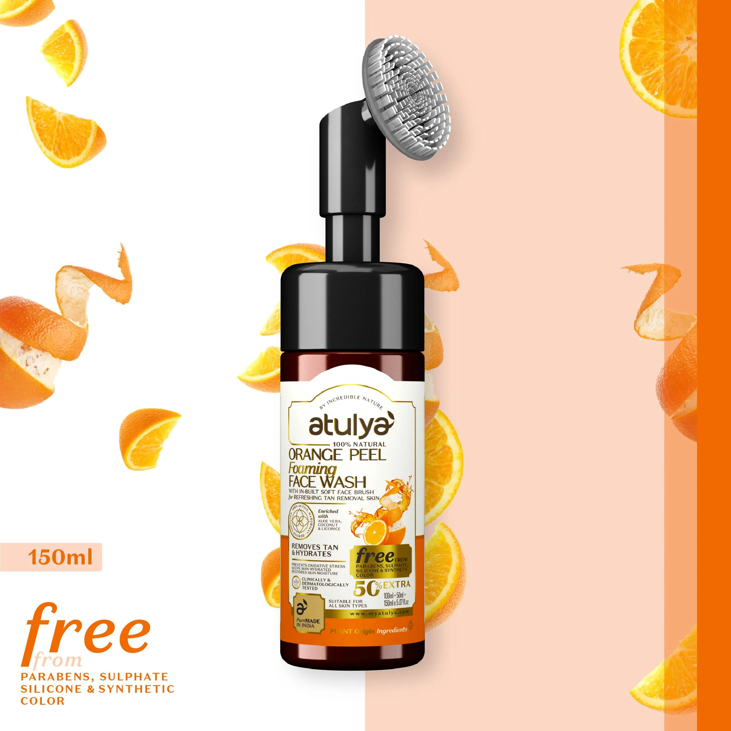 atulya Orange Peel Foaming Face Wash with Silicone Brush - 150ml (Buy Any5 Products & Save Rs.500 Use code : RS500)