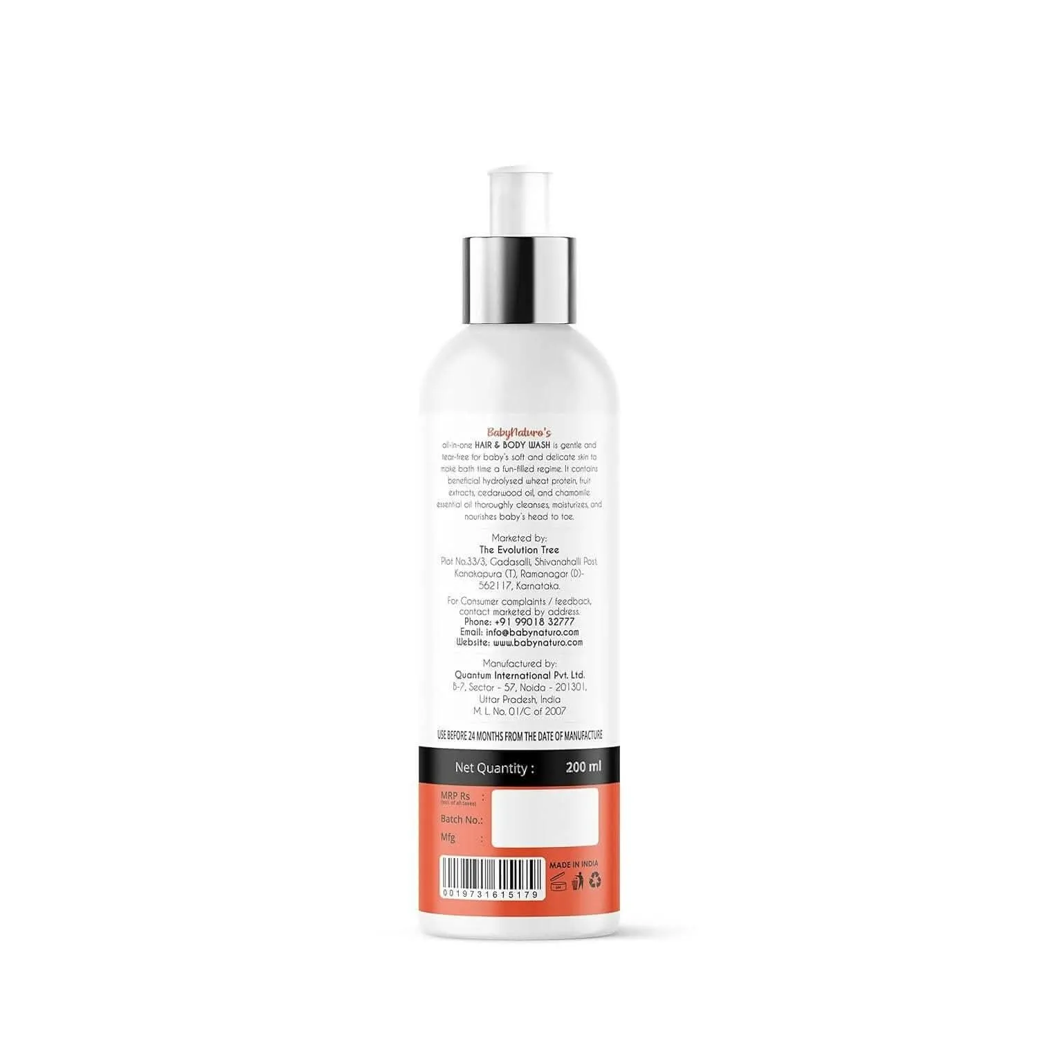 Babynaturo Baby Hair and Body Wash - pH balanced 2 in 1 Tear Free & Soap Free (200ml)