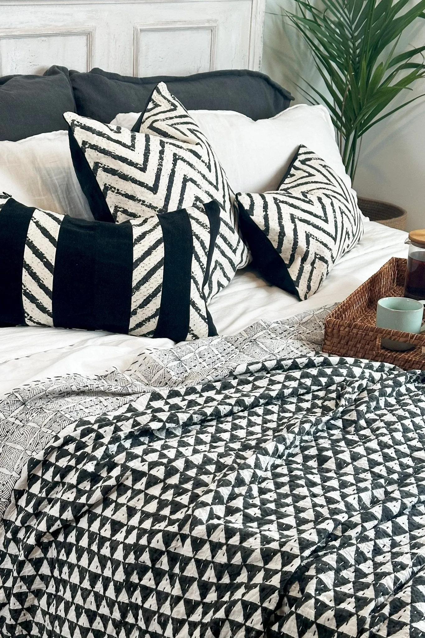 Black and Cream Chevron Rectangular Linen Cushion