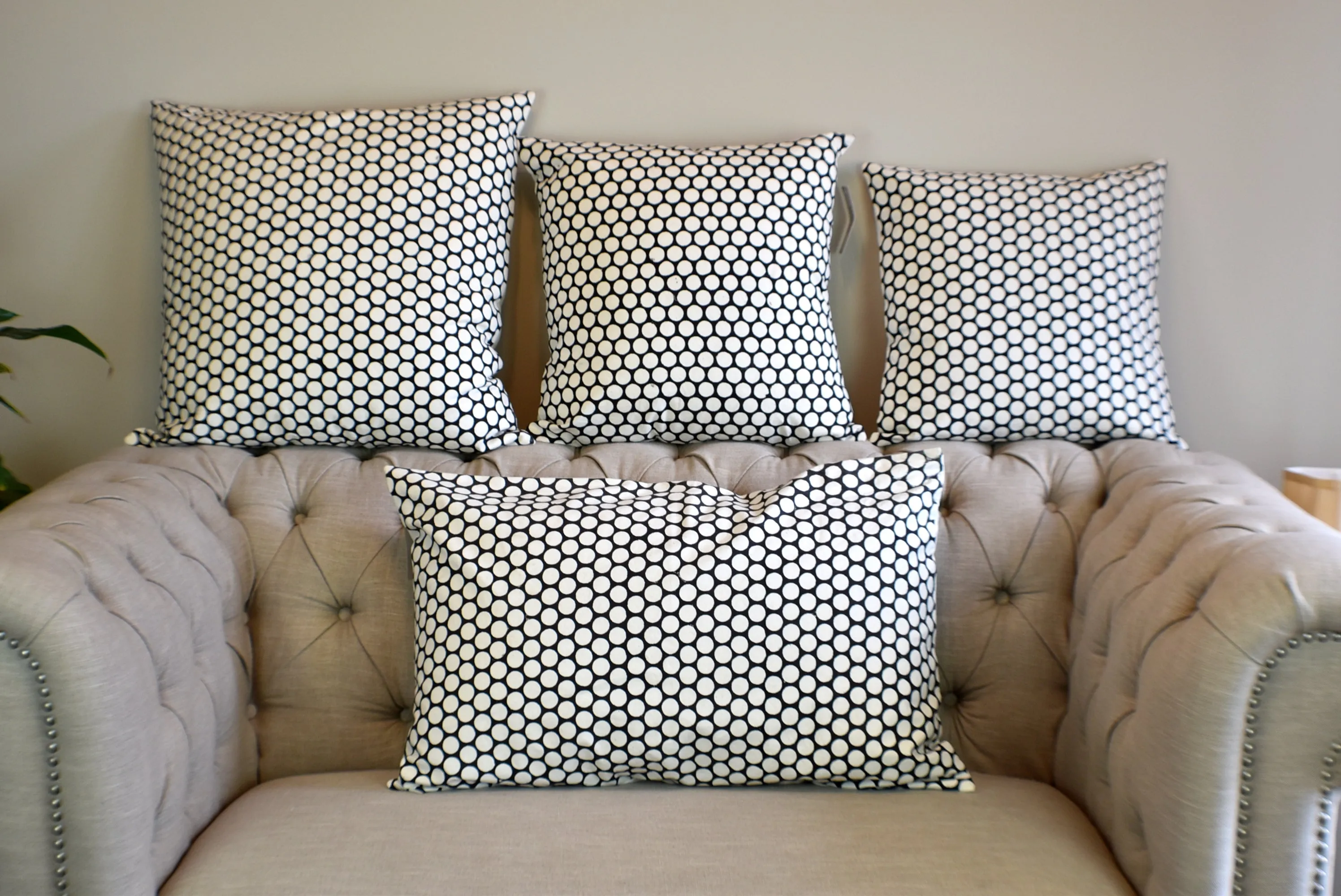 Black Polka Dot Block Print Canvas Cotton Cushion Cover Pillow 2Pcs