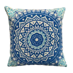 Block Print Blue Daisy Mandala Dari Cushion 50 cms