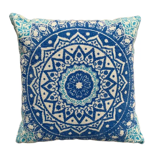 Block Print Blue Daisy Mandala Dari Cushion 50 cms