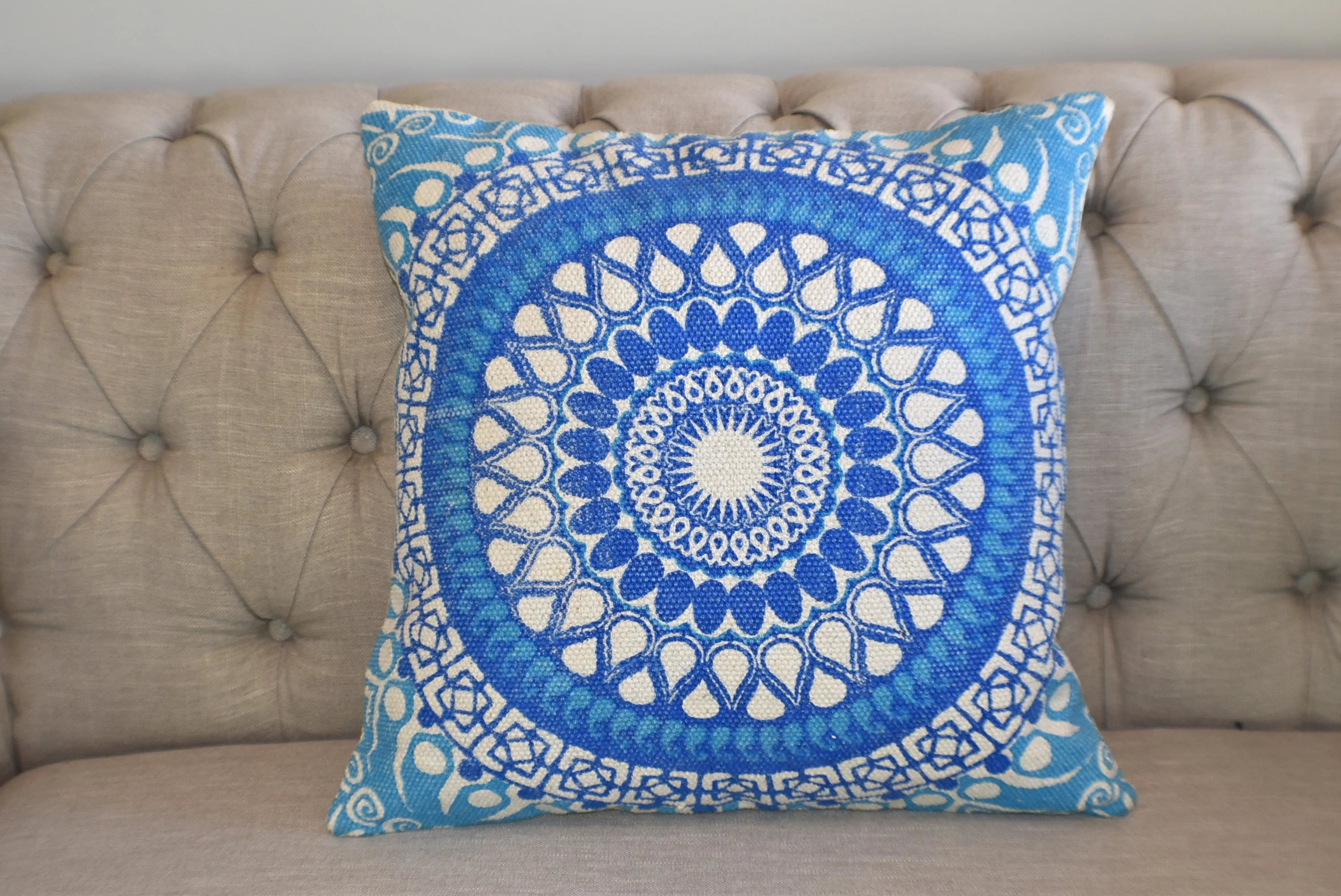 Block Print Blue Daisy Mandala Dari Cushion 50 cms