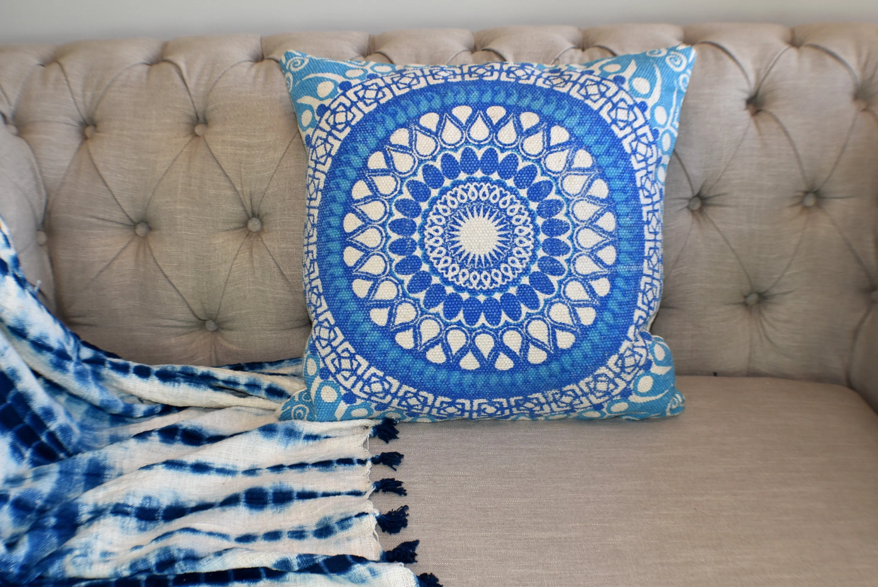 Block Print Blue Daisy Mandala Dari Cushion 50 cms