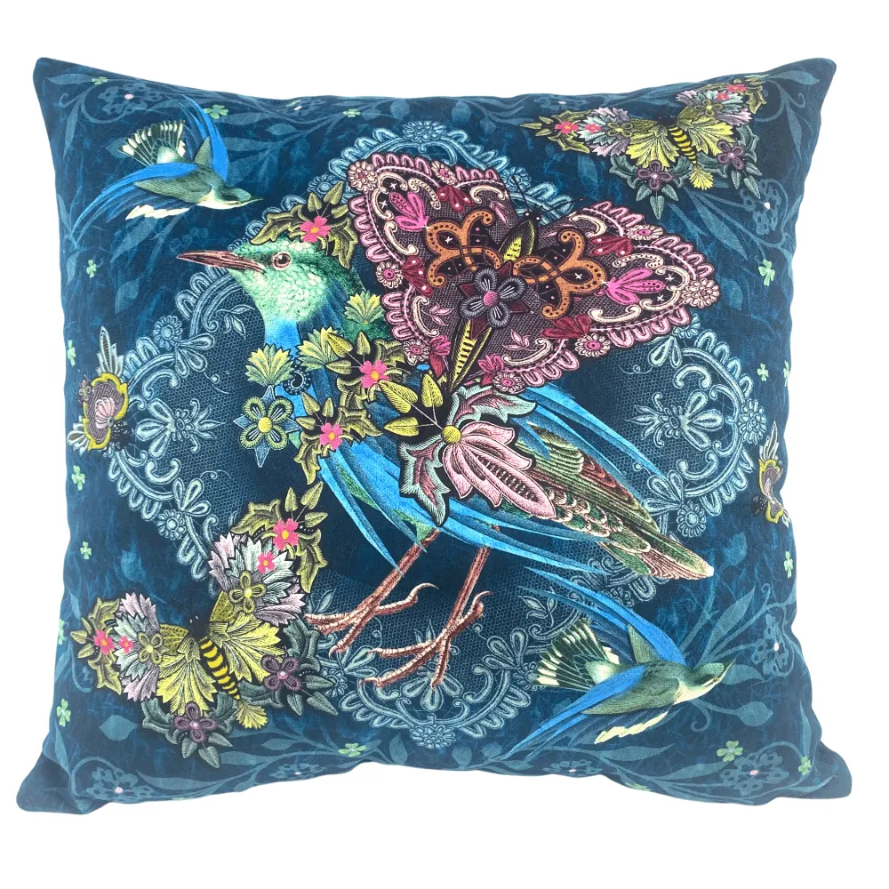 Blue Embroidered Bird Velour Cushion Cover