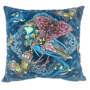 Blue Embroidered Bird Velour Cushion Cover