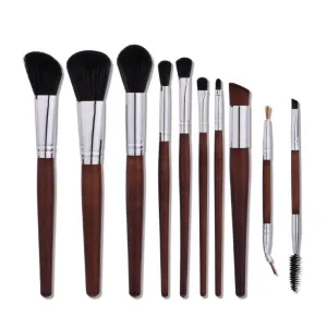 Brown Wood Makeup Brush Set - 10 Pcs