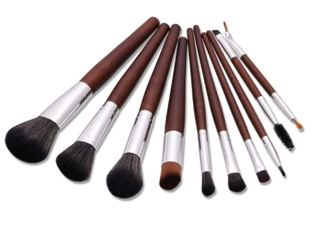 Brown Wood Makeup Brush Set - 10 Pcs