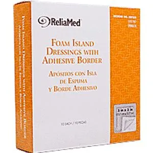 Cardinal Health ReliaMed F66B Foam Island Dressing with Adhesive Border - 6 inch x 6 inch with 4 inch x 4 inch pad, Box of 10 dressings