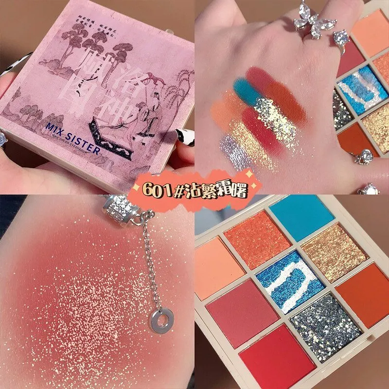 Chinese Style 9 Colors Pearlescent Eyeshadow Palette Waterproof Eye Plate Matte Female Cosmetic Cute Makeup Palette for Women