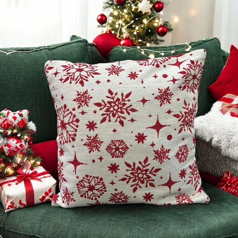 Crimson Flurries Cotton Christmas Cushion Cover