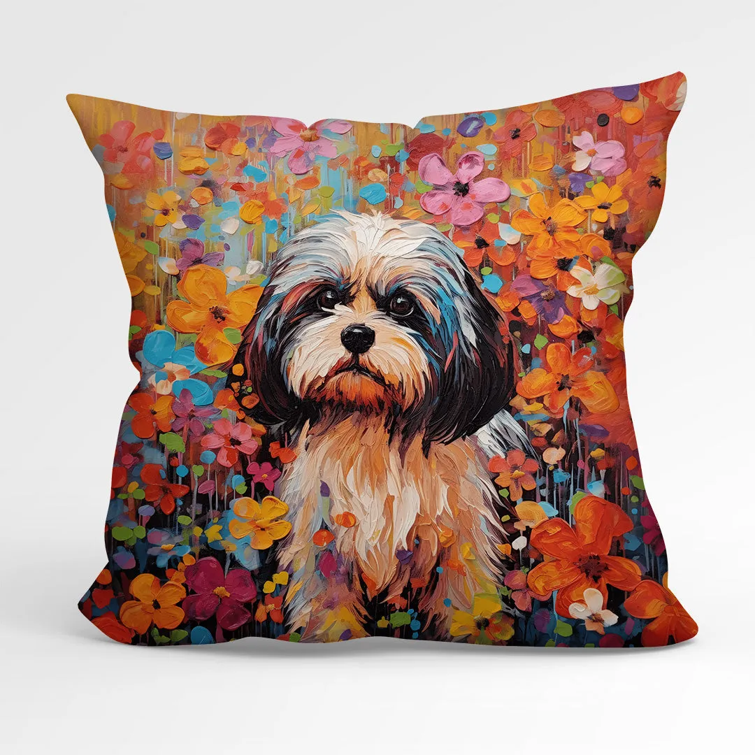 CUSHION Fabric Panel Bright Floral Lhasa Apso CP-89