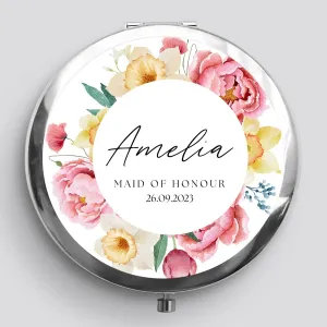 Custom Bridal Compact Mirror - Pocket Size - Personalised Floral Design