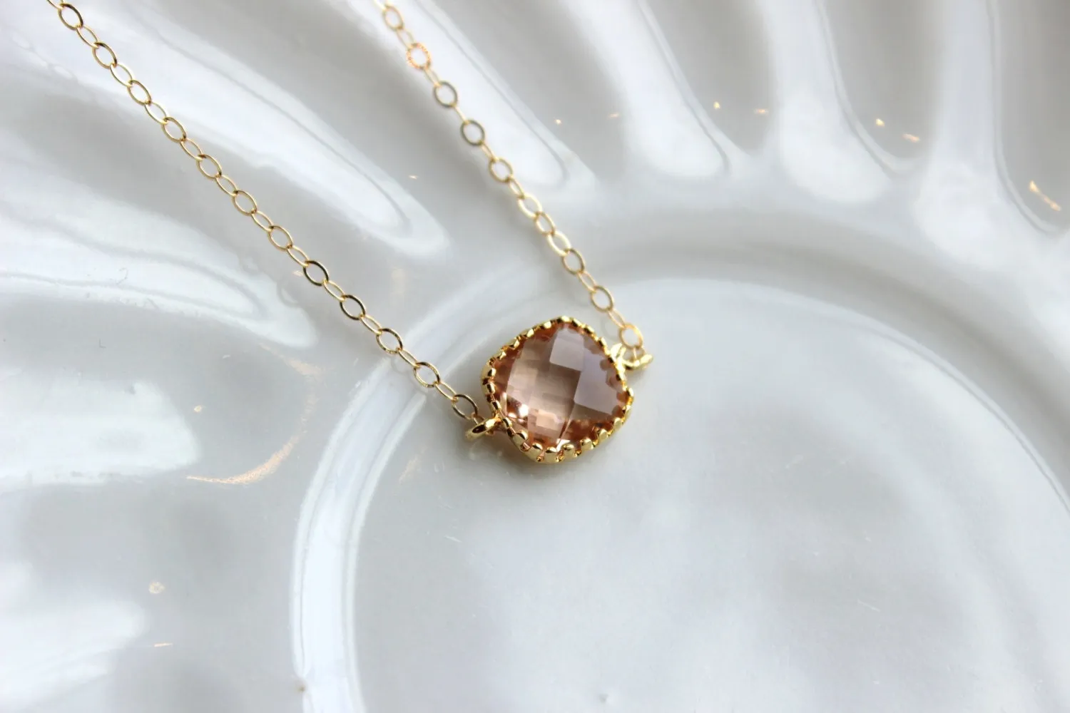 Dainty Blush Champagne Necklace 14k Gold Filled Chain - Charm Necklace Peach Pink Bridesmaid Necklace - Blush Wedding Jewelry Gift under 25